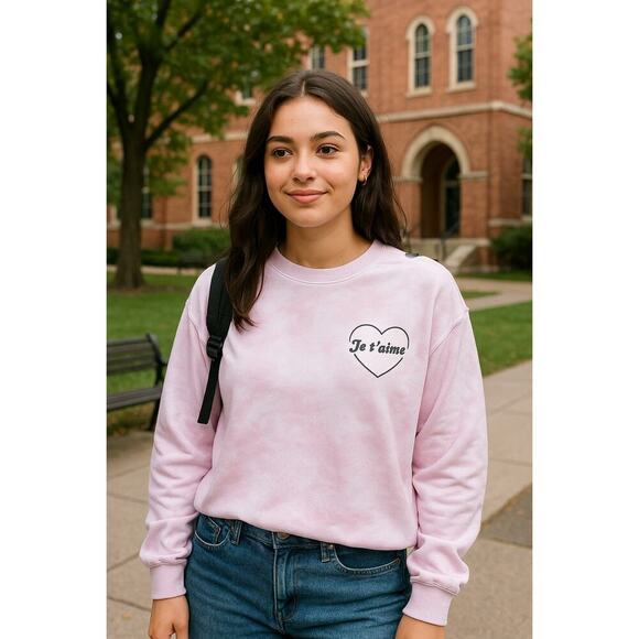 Mighty Fine Tops - Mighty Fine Pink Tie-Dye “Je T’aime” Heart Graphic Oversized Sweatshirt - Medium
